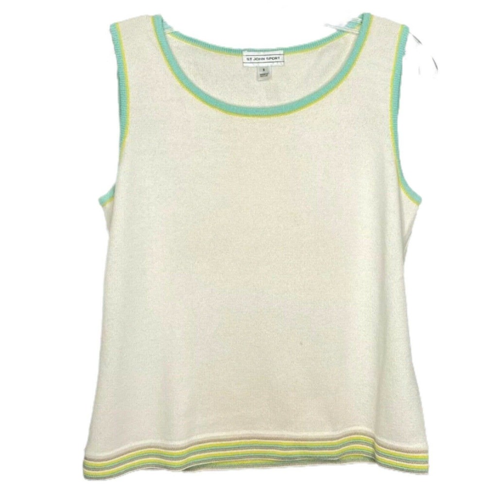 St.John Sport Women's Tank Top Sleeveless Scoop Neck Cream Green Embroidery S‎